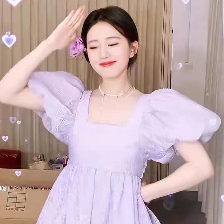 Váy babydoll Zhao Lusi Đầm Công Chúa Tay Phồng Cổ Vuông Màu Tím Ngọt Ngào Mùa Hè Phong Cách Pháp D