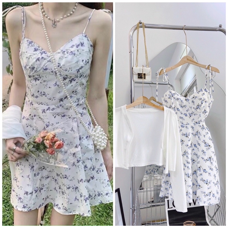 Sét Đầm Hoa Nhí Xanh Vintage Nhún Lưng Kèm Áo Khoác Nhẹ