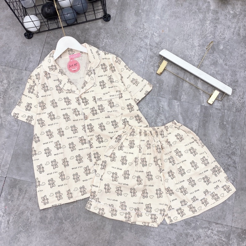 Đồ ngủ pijama bộ mặc nhà nữ cộc tay hàn quốc chất đũi mát dễ thương