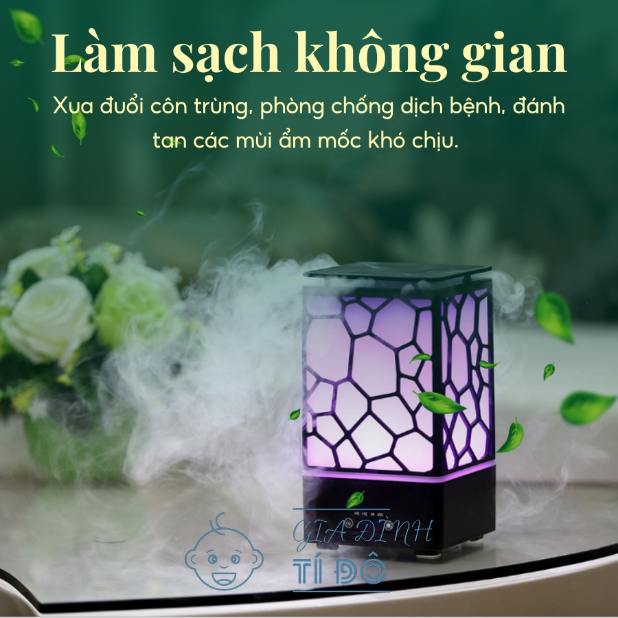 Máy xông tinh dầu phun sương bù ẩm hình dạng lập phương theo phong cách Nhật Bản dung tích 200ml có đèn led 7 màu