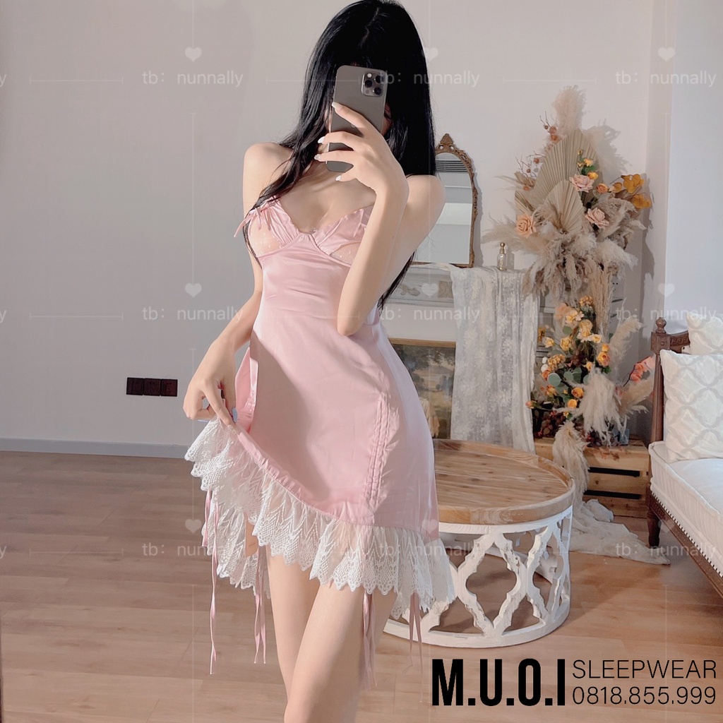 Váy ngủ sexy Quảng Châu[FREESHIP]-Sx 66 Váy ngủ lụa phối ren dây rút hottrend QCCC Muối Sleepwear-sẵn