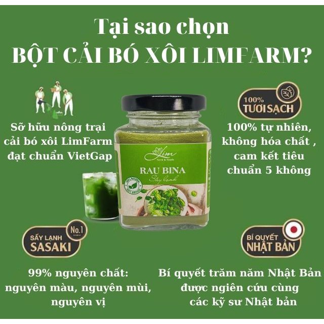 Bột Cải Bó Xôi Rau Bina Sấy Lạnh LimFarm Nguyên Chất 100% Hũ 150Gram - Bột Ăn Dặm Cho Bé , Bổ Não , Sáng Mắt , Canxi