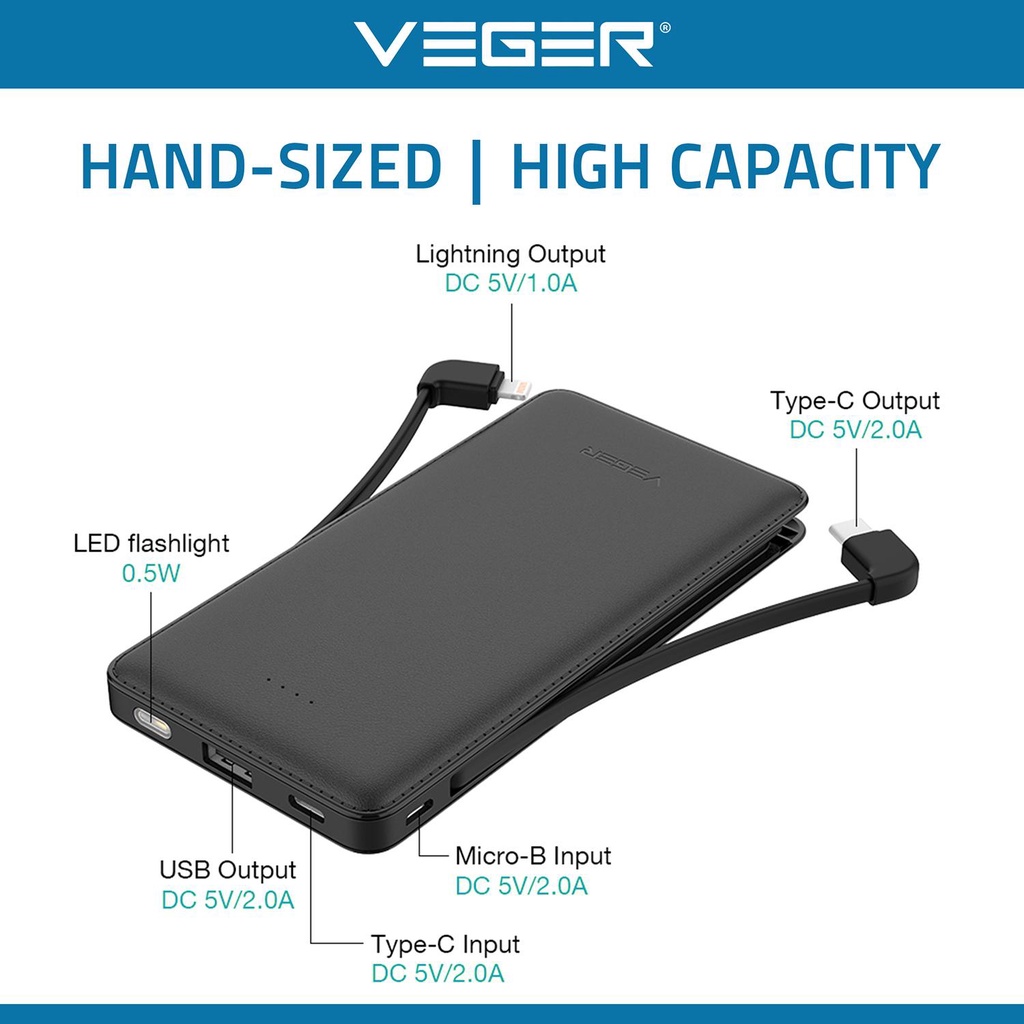 Sạc dự phòng 10000 mah Veger VP-1081, Pin dự phòng chính hãng mini nhỏ gọn tích hợp dây sạc - BV Design