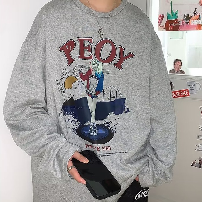 Áo Thun Tay Dài Dáng Rộng In Họa Tiết Hoạt Hình Phong Cách Hàn Quốc Thời Trang Cho Nam Và Nữ size M-5XL