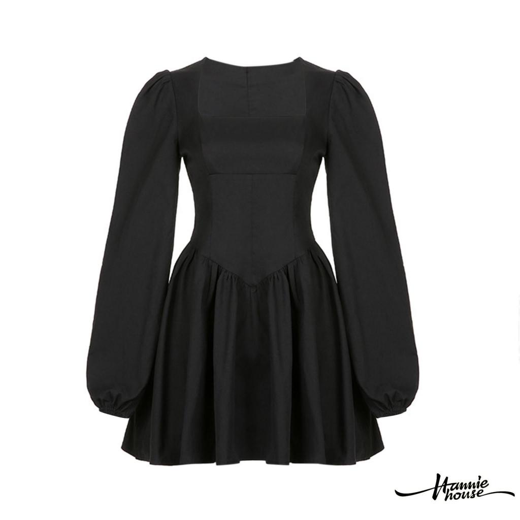 Đầm cổ vuông màu đen phong cách Pháp thời trang cho nữ