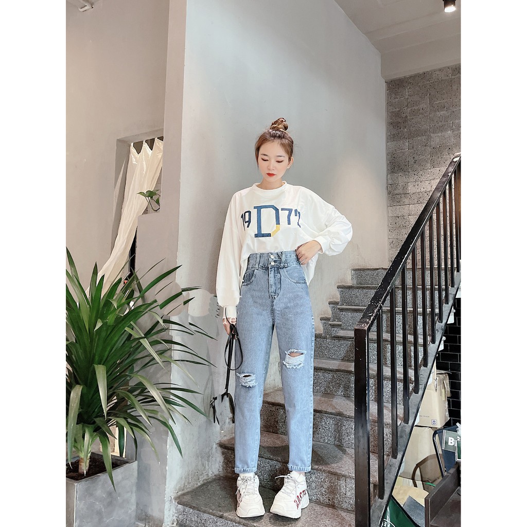 [ NY335 ] QUẦN BAGGY JEAN NỮ LƯNG CAO XẺ NỮA ĐĨA CHÉO RÁCH 2 GỐI TO CAO CẤP BABO LAI CUỐN ĐỦ SIZE S, M, L FORM CHUẨN