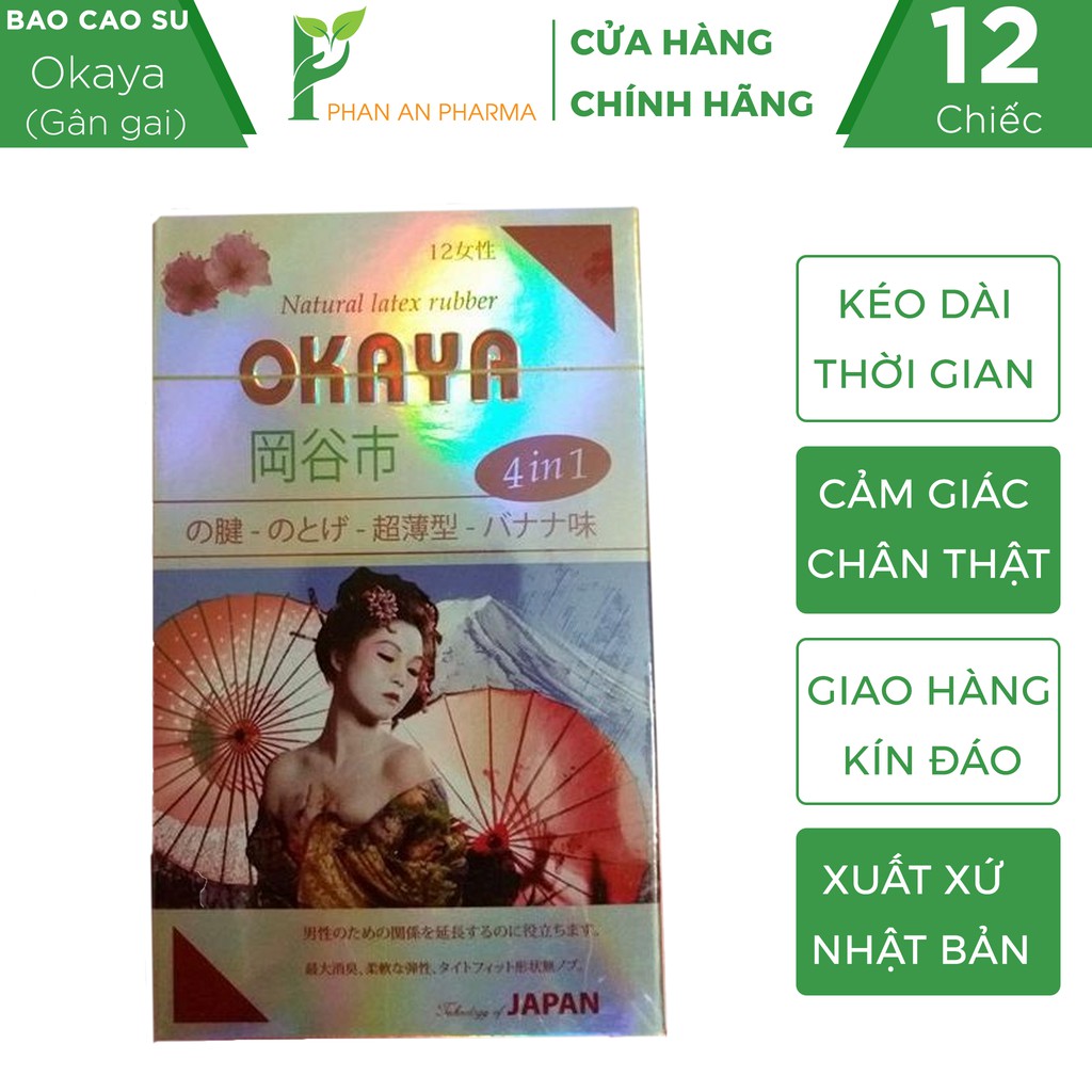 Bao Cao Su Okaya Siêu mỏng có gân gai, hương chuối (Hộp 12 chiếc) - Phan An CN368