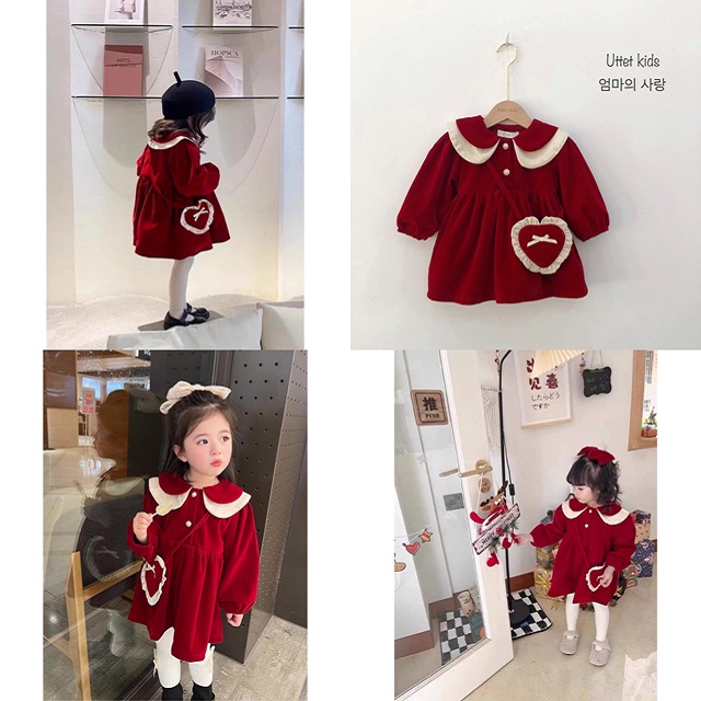 VÁY NHUNG HÀN QUỐC KÈM TÚI MẶC TẾT CỰC KỲ ĐẸP DÀNH CHO BÉ SIZE 80 ĐẾN 120