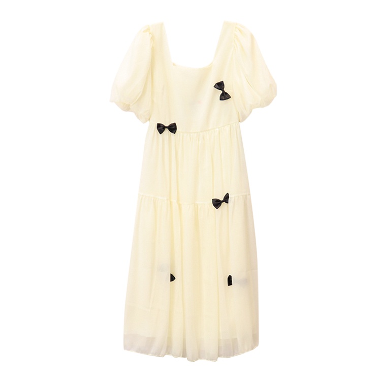 Váy voan tay phồng dập viền xòe dài bồng bềnh công chúa cổ tích đính nơ đen điệu đà