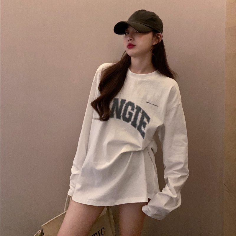 Áo thun tay dài dáng rộng in chữ phong cách Hàn Quốc thời trang cho nữ