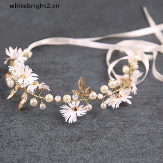 # WTVN # Gold Leaf Daisy Flower Headband Bridal Pearl Tiaras Hair Jewelry Ribbon Wreath .