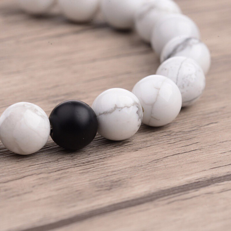 flowersqueen Vòng tay chuỗi hạt đá đen trắng tự nhiên phong cách cổ điển