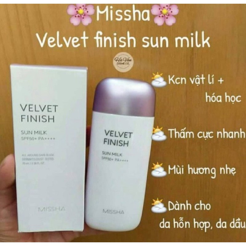 [ Chính Hãng ] Kem Chống Nắng Missha Velvet Finish Sun Milk SPF50+/PA++++ Hàn Quốc, Tuýp 70ml, Nắp Màu Tím