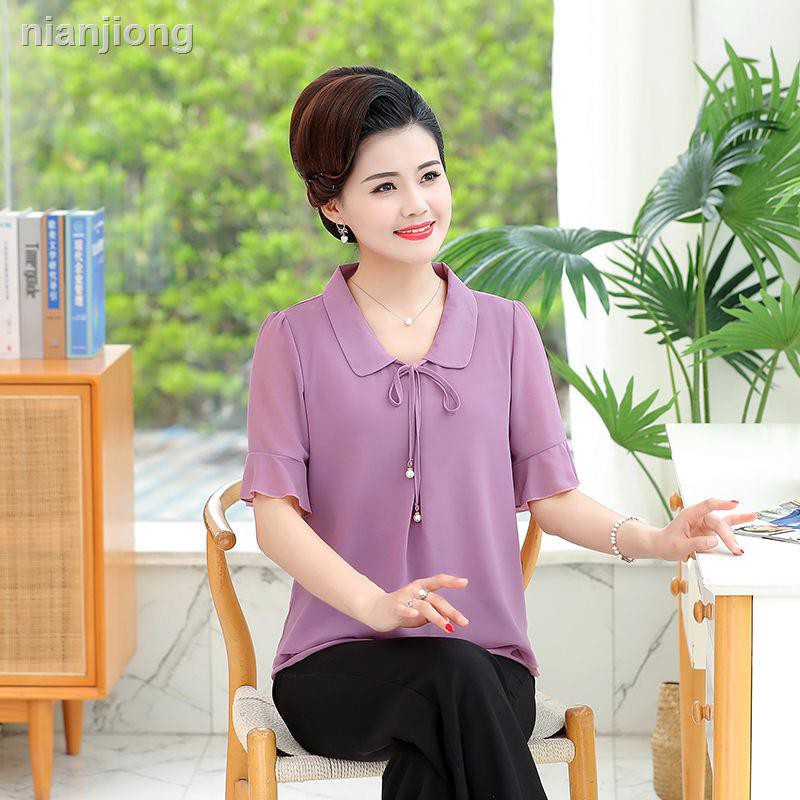 Set Áo Sơ Mi Chiffon Tay Ngắn Cổ Búp Bê + Quần Dài Thời Trang Mùa Hè Cho Phụ Nữ Trung Niên