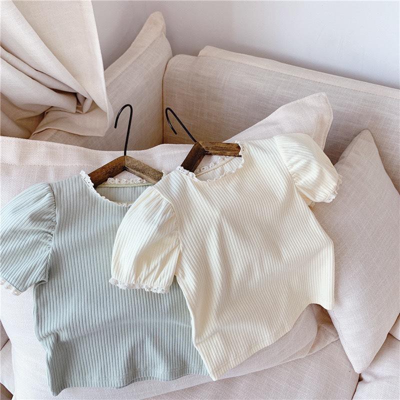 Áo Thun Cotton Phối Ren Tay Phồng Kiểu Hàn Quốc Thời Trang Mùa Hè Cho Bé Gái