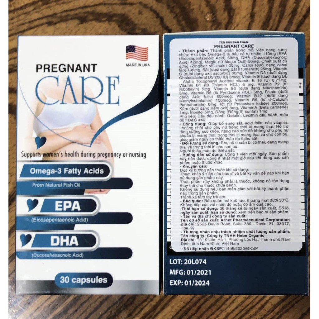 PREGNANT CARE - Giúp phát triển trí não và thị lực cho thai nhi (Hộp 30 viên)