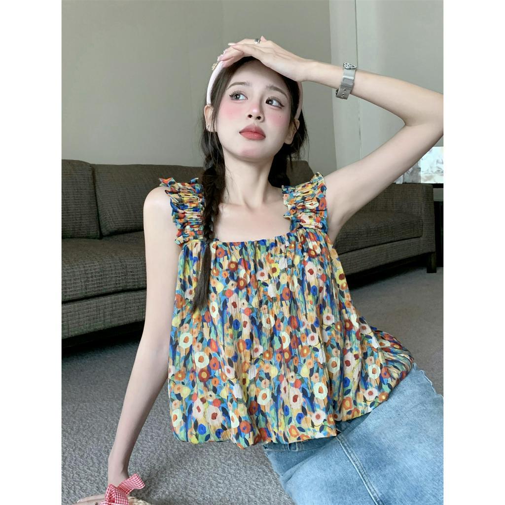 Áo Hai Dây Xếp Ly Họa Tiết Hoa Phong Cách Pháp Ngọt Ngào Y2k Cho Nữ