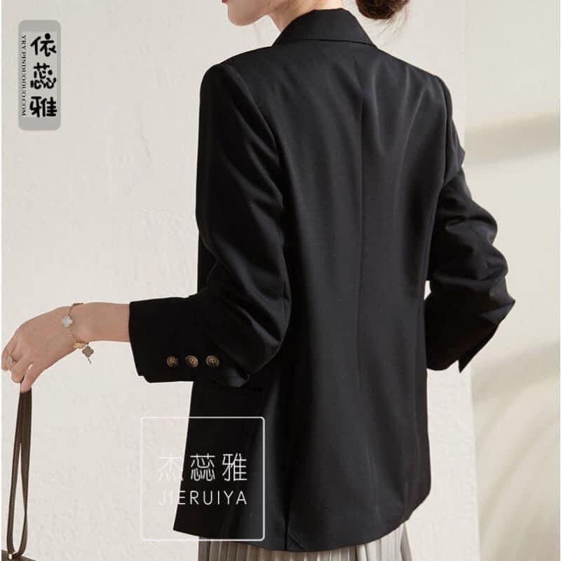Áo blazer hai lớp dáng suông dài tay thiết kế 1 cúc có túi 2 màu đen be cho nữ