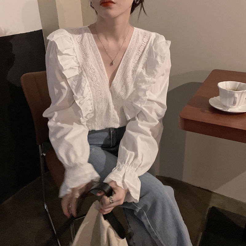 Áo sơ mi trắng dáng ngắn tay dài thiết kế vintage kiểu Pháp gợi cảm phong cách Hàn Quốc cho nữ