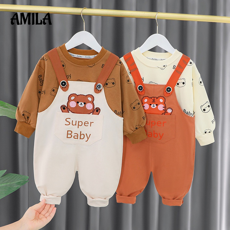 Set áo sweatshirt và quần yếm dài AMILA tay dài in họa tiết gấu hoạt hình thời trang mới dành cho trẻ em