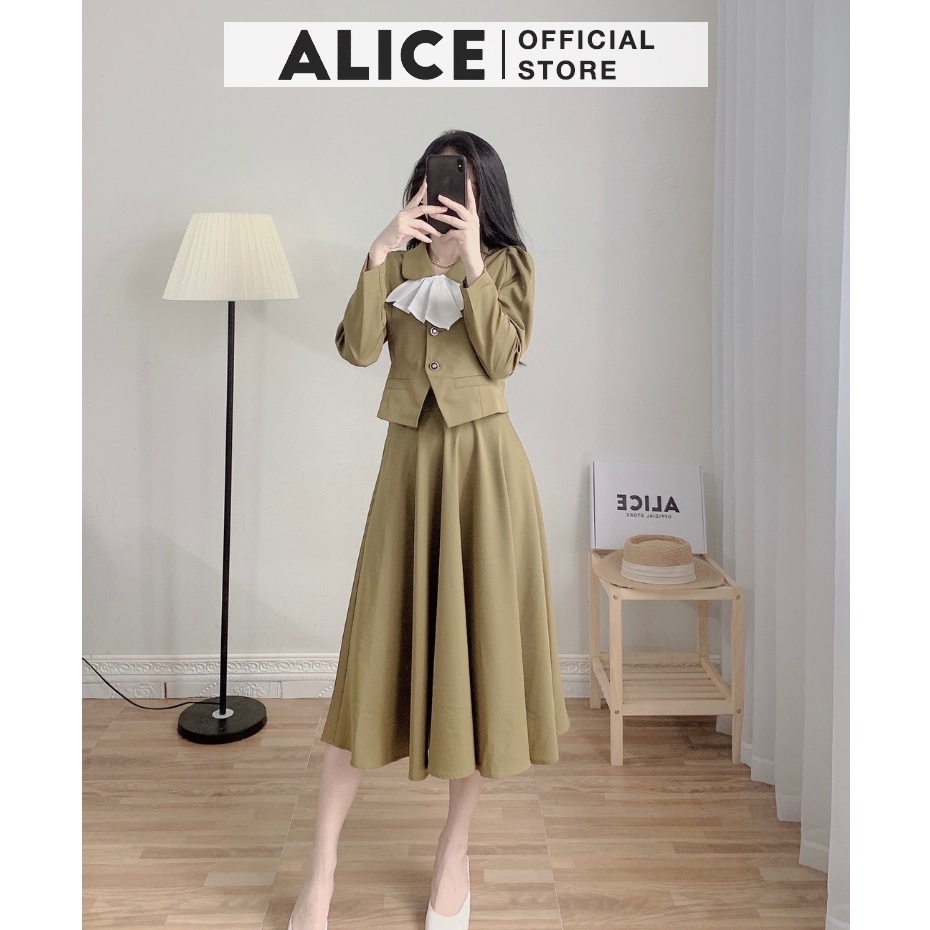 Set Chân Váy Phối Áo Sơ Mi ALICE, Thiết Kế Dài Tay Tôn Dáng Phối Nơ Cổ Sang Chảnh Cho Mùa Thu V722