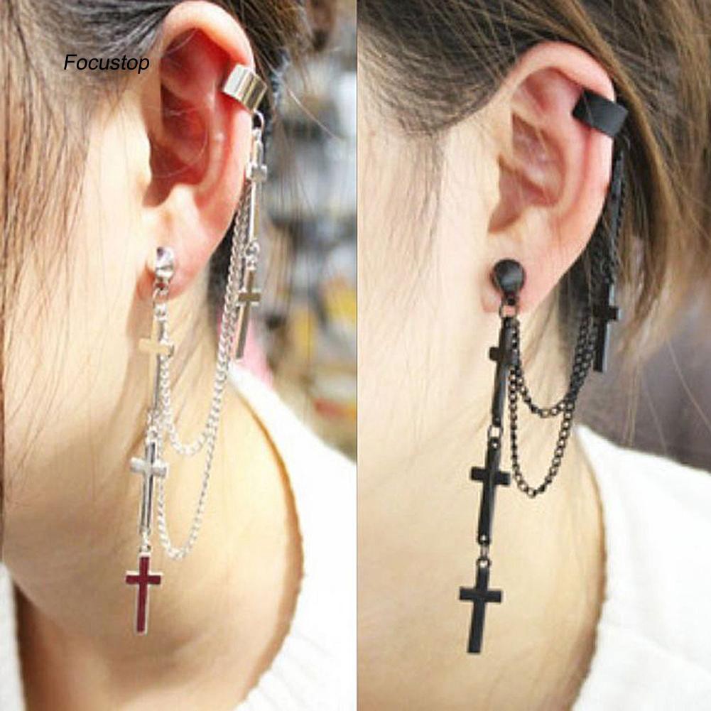 Đôi bông tai dáng dài kiểu dây xích gắn hình cây thánh giá phong cách punk cho nữ