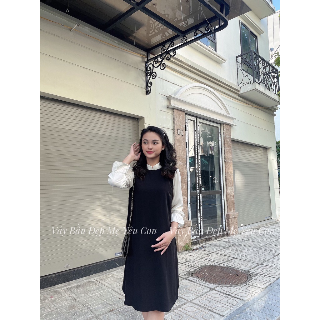 Váy Bầu- Đầm Bầu GUME Cổ Tàu Tay Trắng Dà i-  MYC 1061 ( kèm ảnh thật )