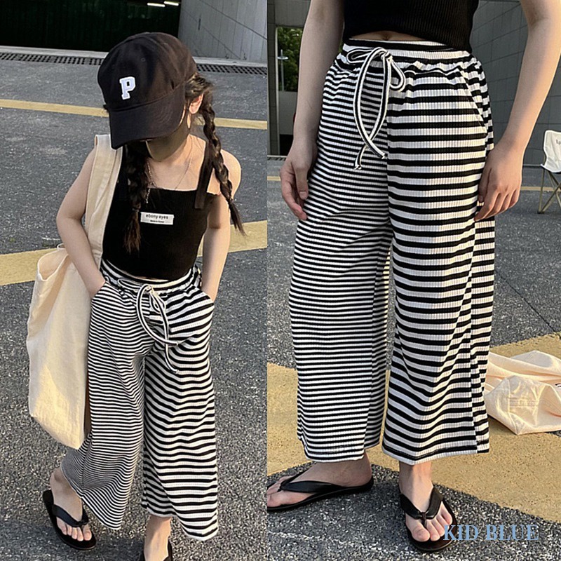 Quần Dài Ống Rộng Họa Tiết Kẻ Sọc Trắng Đen Phong Cách Hàn Quốc Thời Trang Mùa Hè Cho Bé Gái