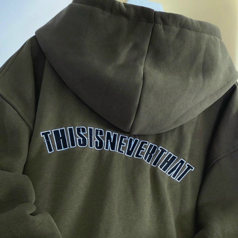 ÁO KHOÁC HOODIE NỈ NGOẠI NỮ CHUI ĐẦU KHÓA KÉO CHỮ THISISNEVERTHAT PHỐI NÓN MÀU KEM ĐEN XANH DÀY DẶN ẤM ÁP NITIQC