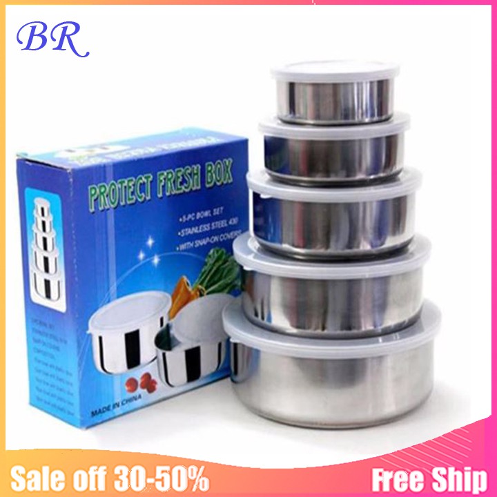 Set 5 bát inox bảo quản thực phẩm có nắp đậy an toàn tiện dụng