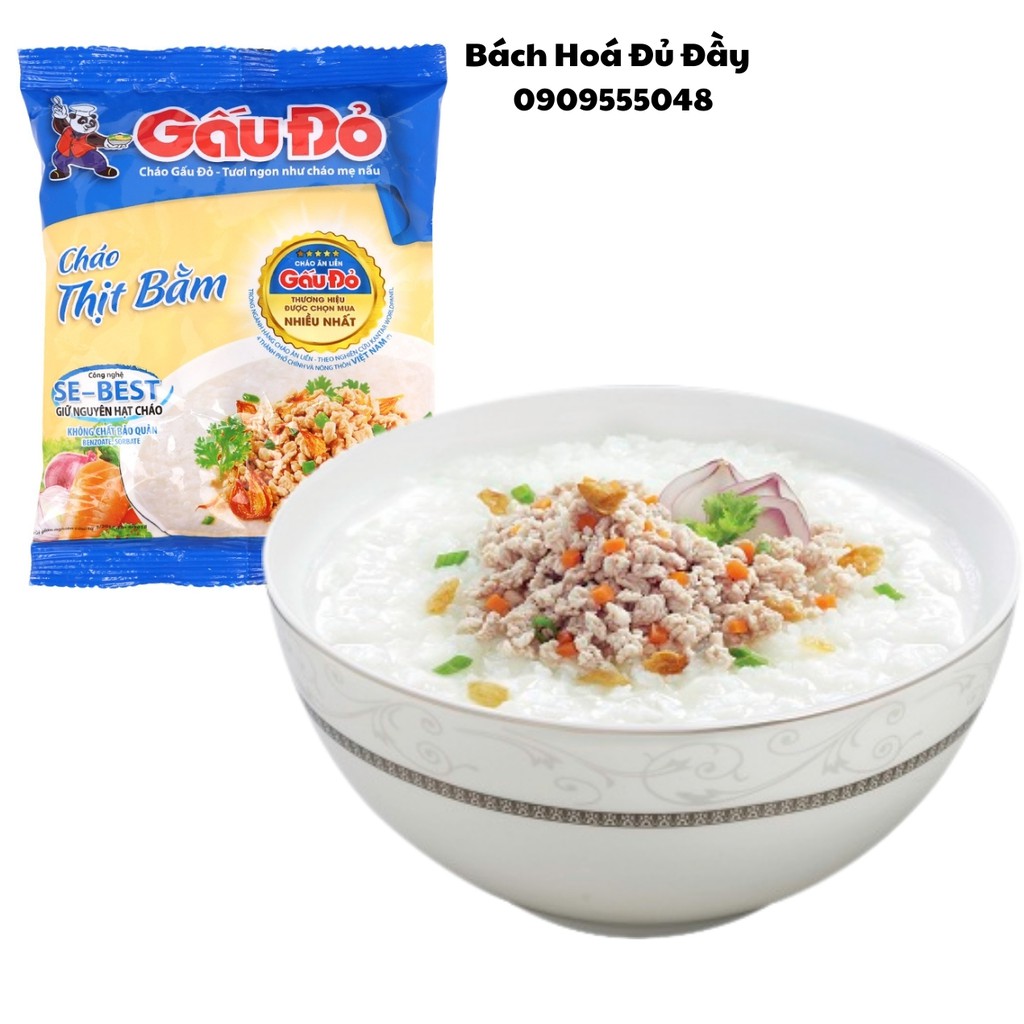 Gói cháo Gấu Đỏ thịt bằm ăn liền và Cháo Yến Việt thịt bằm dinh dưỡng, thơm ngon
