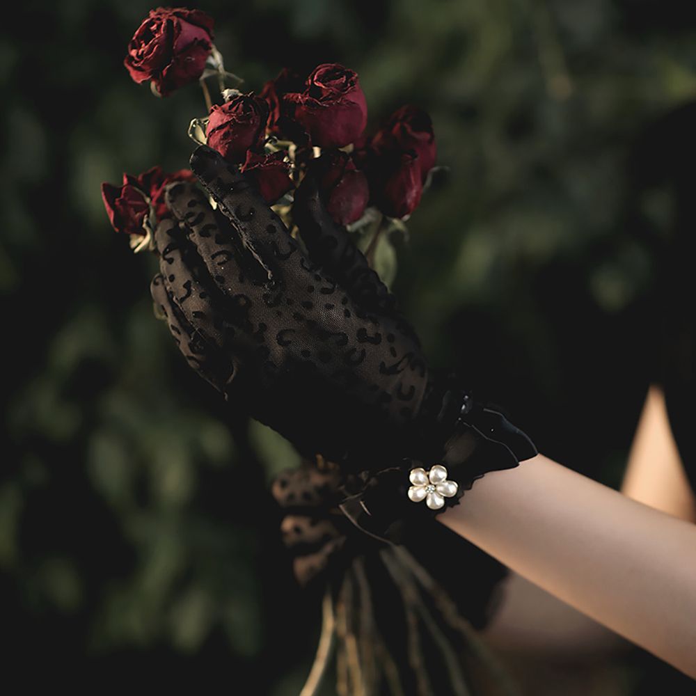 Găng Tay Lưới Toàn Bộ Ngón Tay Đính Nơ Và Ngọc Trai Thanh Lịch Cho Cô Dâu