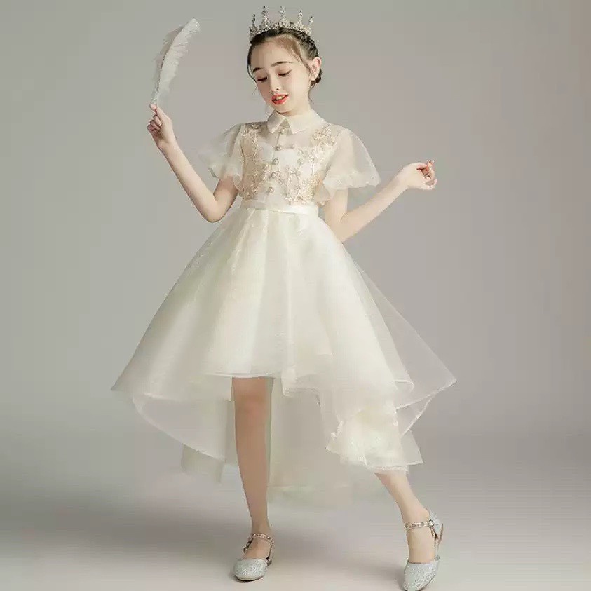 Váy công chúa bé gái thiết kế cao cấp cho bé đi dự tiệc phù dâu đuôi tôm siêu xòe tay bồng màu trắng kem DBG088