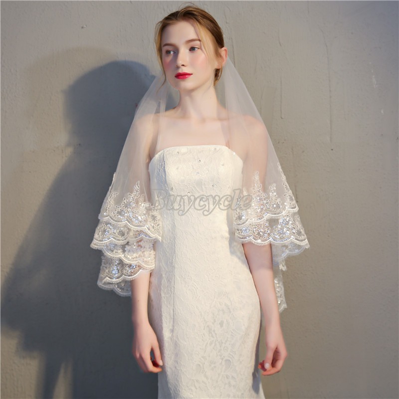 Mạng che mặt hai lớp màu trắng/ màu ngà vải lưới viền ren dành cho cô dâu