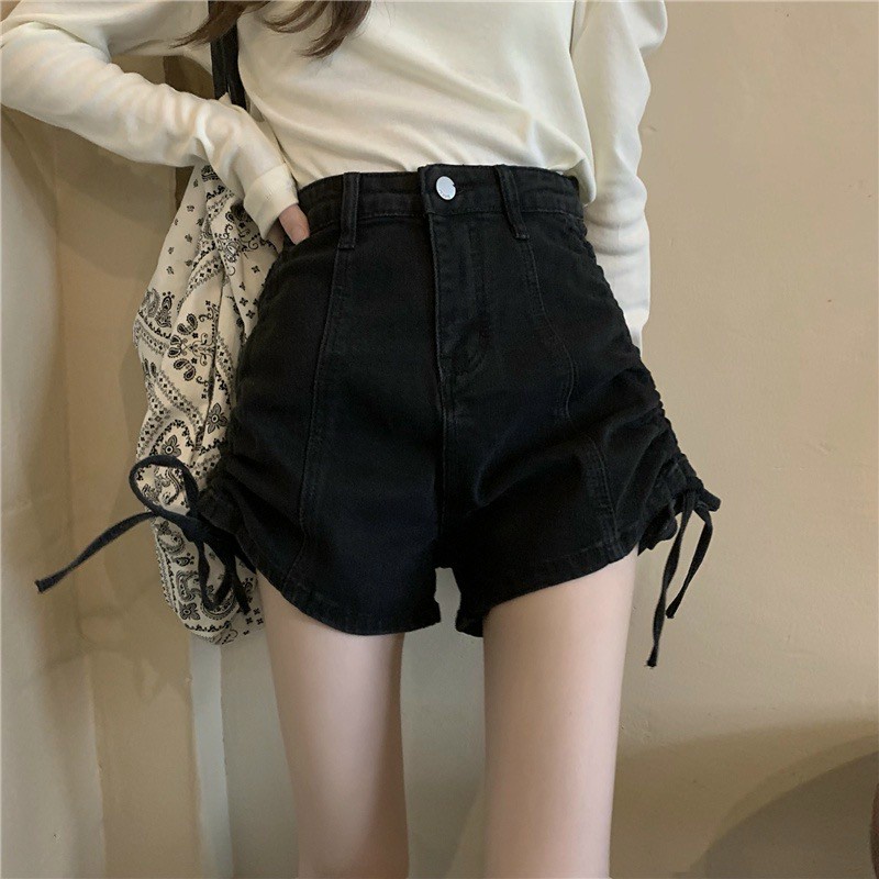 Quần short jean nữ chất denim lưng cao dây rút bên hông co giãn thời trang hè