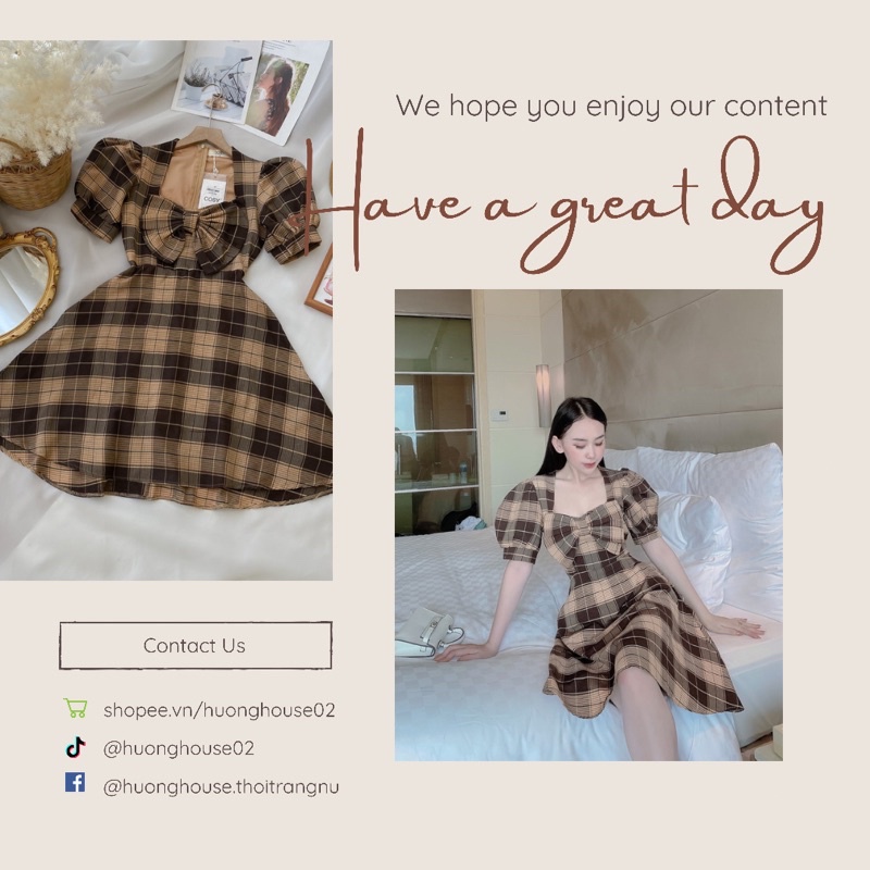 Đầm caro nâu nơ ngực