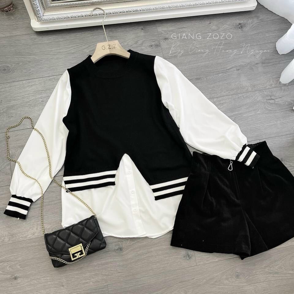 LOVISHOP- Áo babydoll trắng đen sọc bo tay siêu basic Lovi