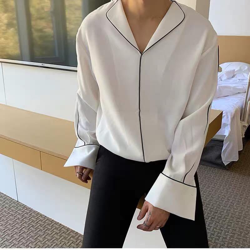 SƠ MI VIỀN HAI MÀU TRẮNG ĐEN TẶNG KÈM DÂY - S1004 LJINSTORE