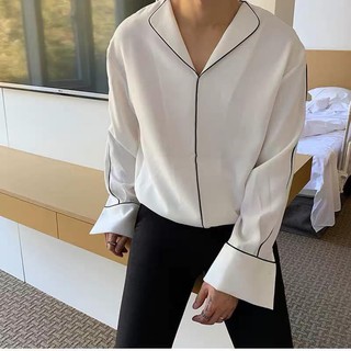 SƠ MI VIỀN HAI MÀU TRẮNG ĐEN TẶNG KÈM DÂY - S1004 LJINSTORE