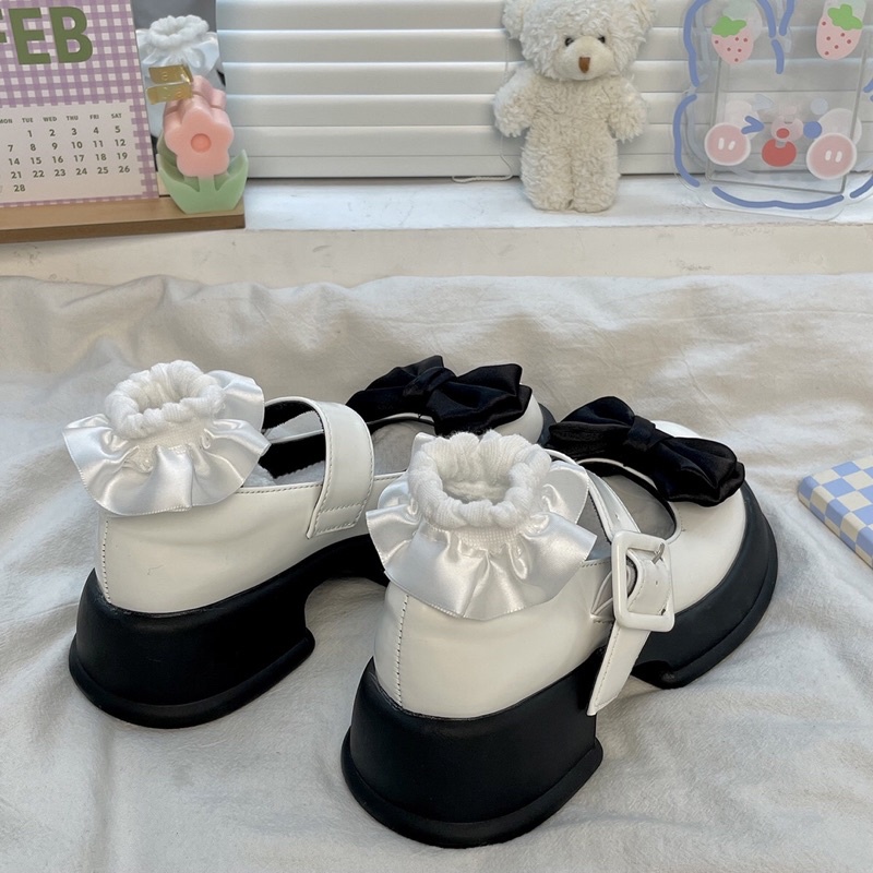 Giày lolita nữ độn đế cao gắn nơ đen,Giày da ulzzang nữ phong cách Hàn Quốc LT76