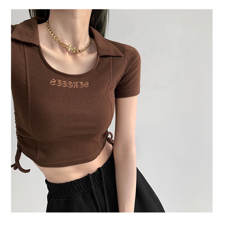 Áo thun MMIOT ngắn tay cổ chữ U phối dây rút thêu chữ thời trang mùa hè 2023 cho nữ