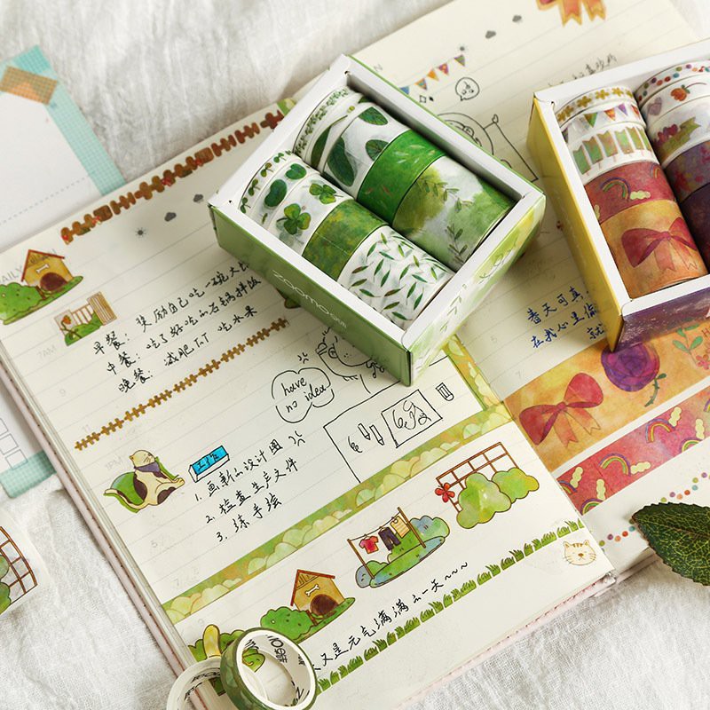 Set 10 cuộn Washi Tape băng dính dán , trang trí có Hộp xinh yêu - A09