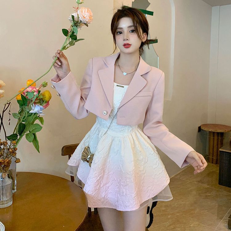 Set đầm và áo khoác phối nơ lớn thười trang mùa thu xinh xắn cho nữ