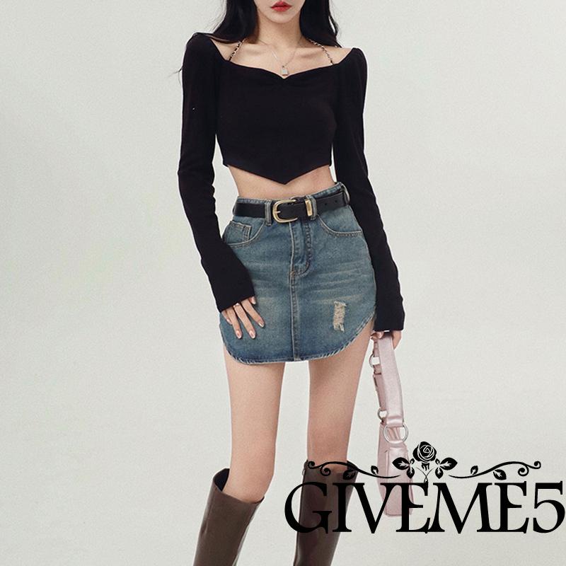 GIVEME-Women´s Crop Tops Chain Halter Shoulder Cutout Long Sleeve Irregular Hem Slim Fit Short Tops