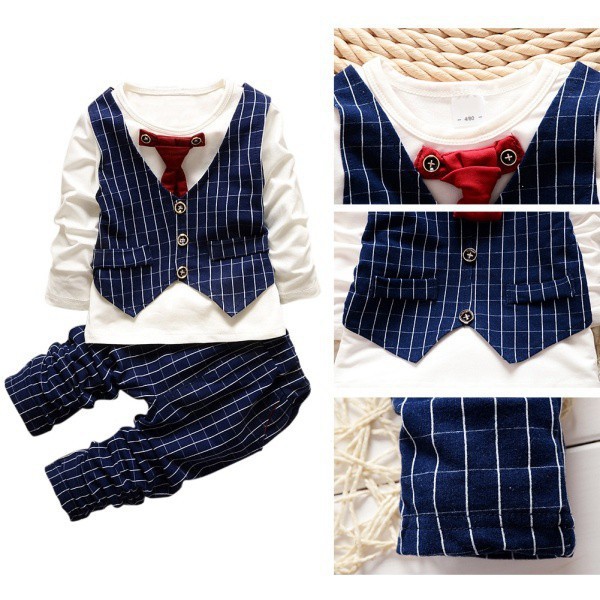 Bộ áo sơ mi giả vest dài tay họa tiết sọc + quần cotton thời trang cho bé trai