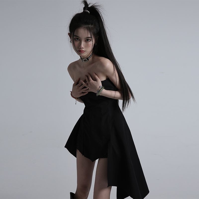 Đầm Ống Lệch Vai Màu Đen Phong Cách Pháp Thời Trang Mùa Hè Cho Nữ