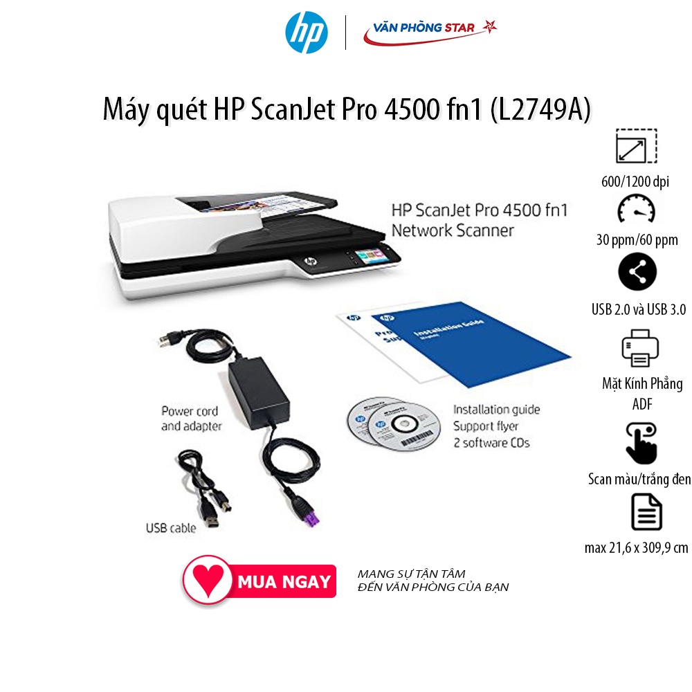 Máy quét HP Scanjet Pro 4500 FN1 (L2749A) Scan hai mặt khổ giấy A4; Mặt kính phẳng; ADF. Tối đa 30 -60 trang/phút