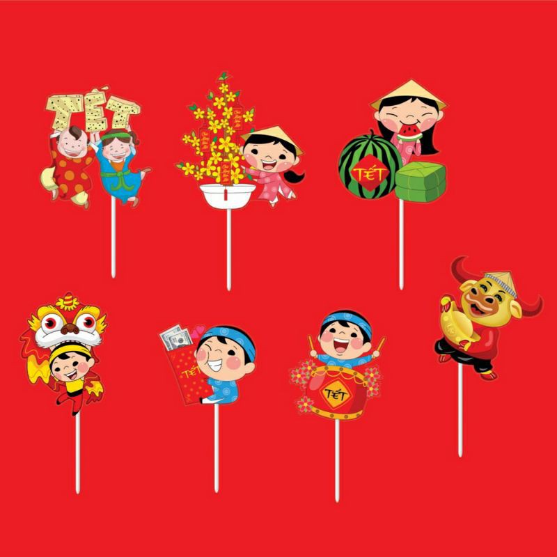 Set cắm Tết trang trí bánh kem, trẻ vui Tết, ông bà thọ mừng năm mới 2022, toppercake