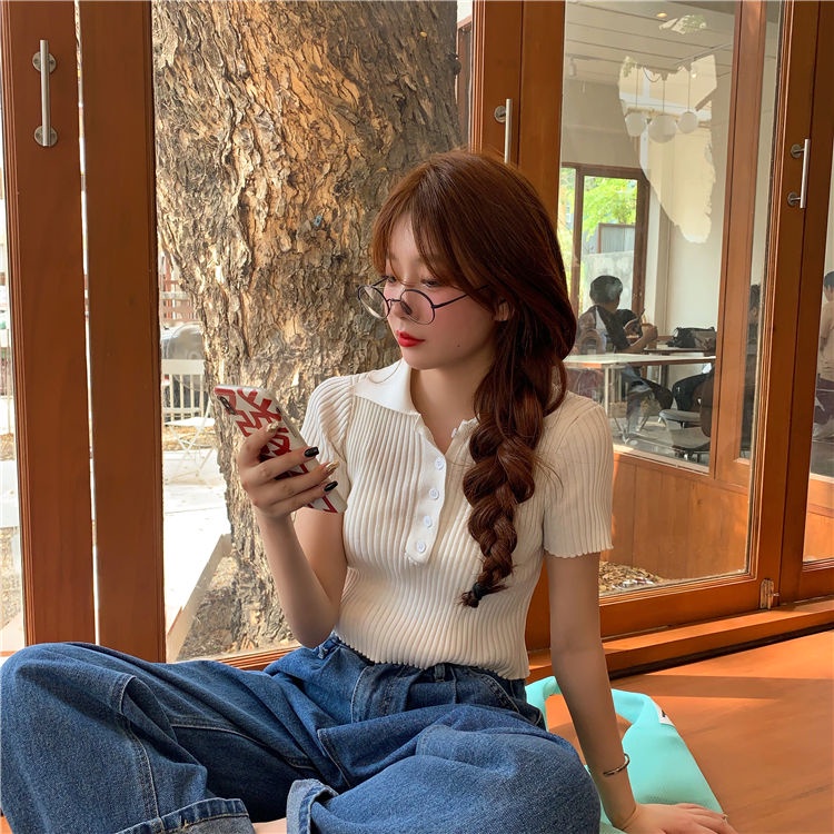 Happy-store  Áo croptop dệt kim tay ngắn cổ polo thời trang Hàn Quốc thanh lịch