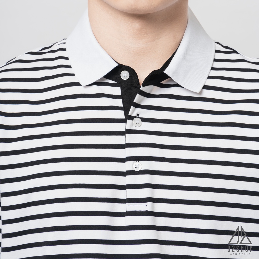 Áo thun polo nam D2shop, áo polo nam sọc ngang, màu trắng